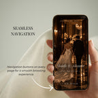 Brown wedding website navigation displayed on a phone with romantic photography and buttons for a smooth mobile guest experience.