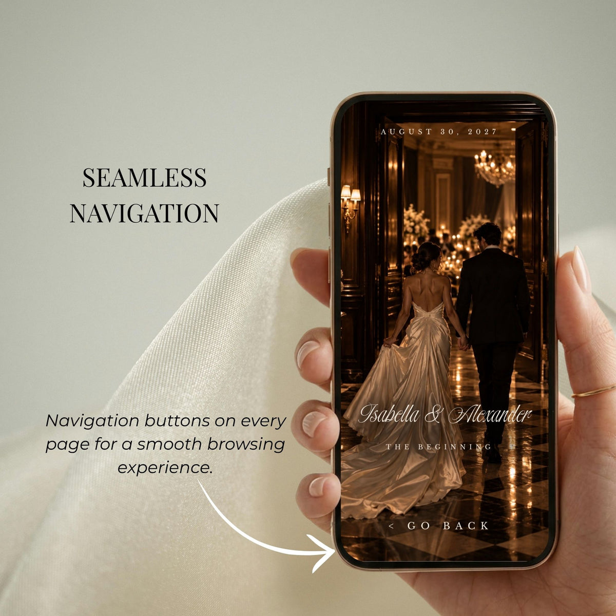 Brown wedding website navigation displayed on a phone with romantic photography and buttons for a smooth mobile guest experience.