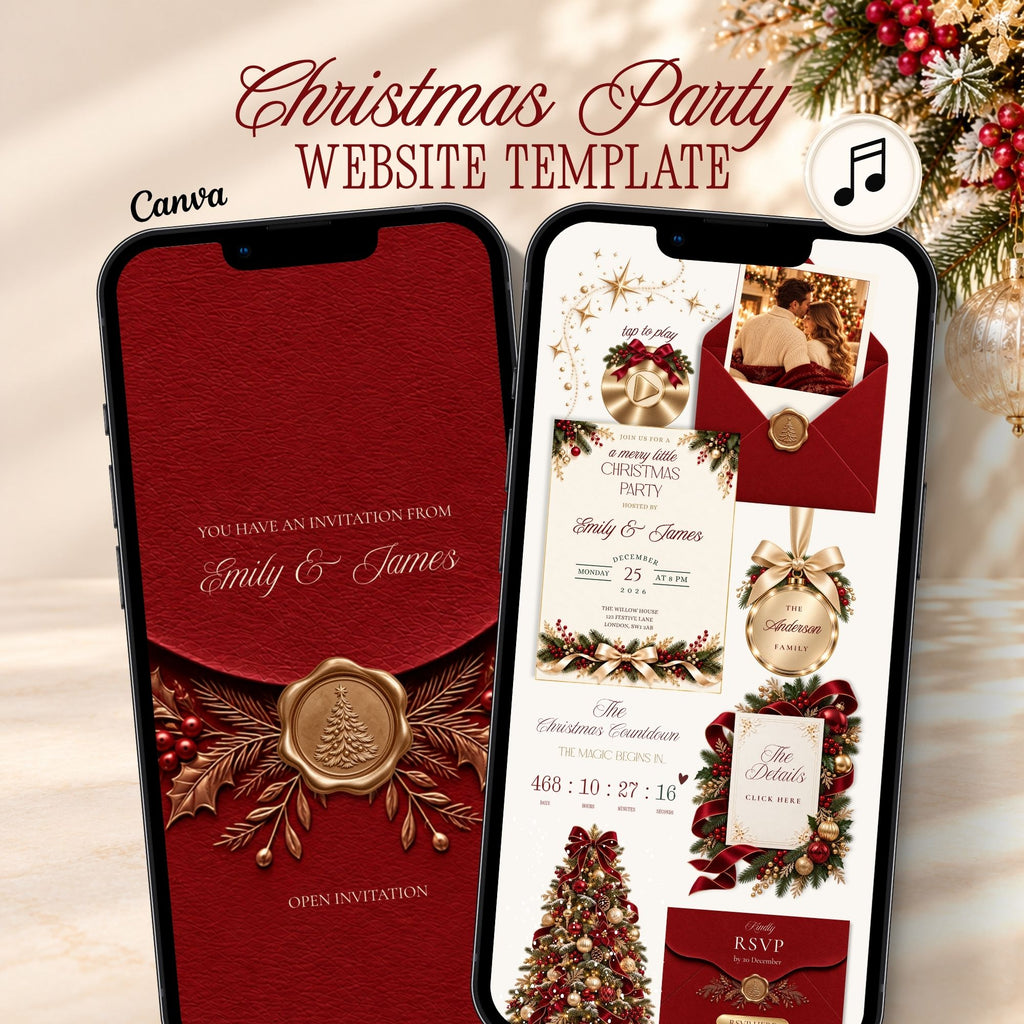 Burgundy Christmas party website template featuring an elegant online holiday invitation with gold wax seal, festive greenery, RSVP, countdown, and music.