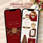 Burgundy Christmas party website template featuring an elegant online holiday invitation with gold wax seal, festive greenery, RSVP, countdown, and music.