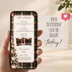 Christmas party website invitation displayed on a smartphone, featuring a traditional tartan border, festive event details, and an elegant burgundy and ivory design.