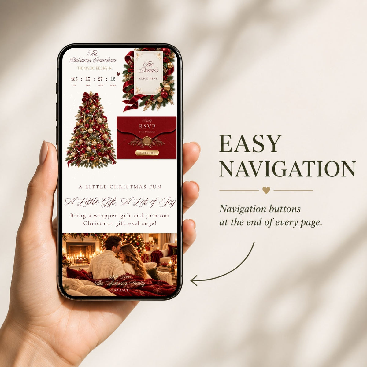 Mobile-friendly Christmas party website featuring easy navigation between festive invitation pages, event details, photos, and RSVP information.