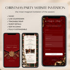 Editable Canva Christmas party website featuring an interactive invitation, live countdown, online RSVP form, background music, and customisable festive pages.