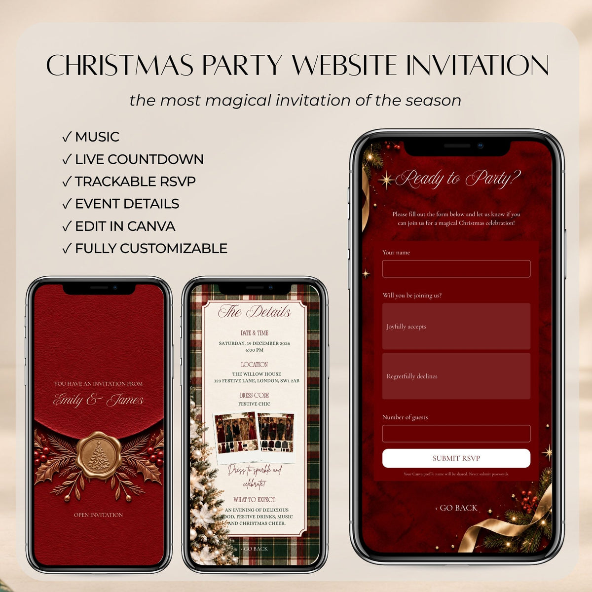 Editable Canva Christmas party website featuring an interactive invitation, live countdown, online RSVP form, background music, and customisable festive pages.