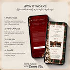 Step-by-step guide showing how to purchase, personalise, publish, and share the editable Canva Christmas party website invitation.