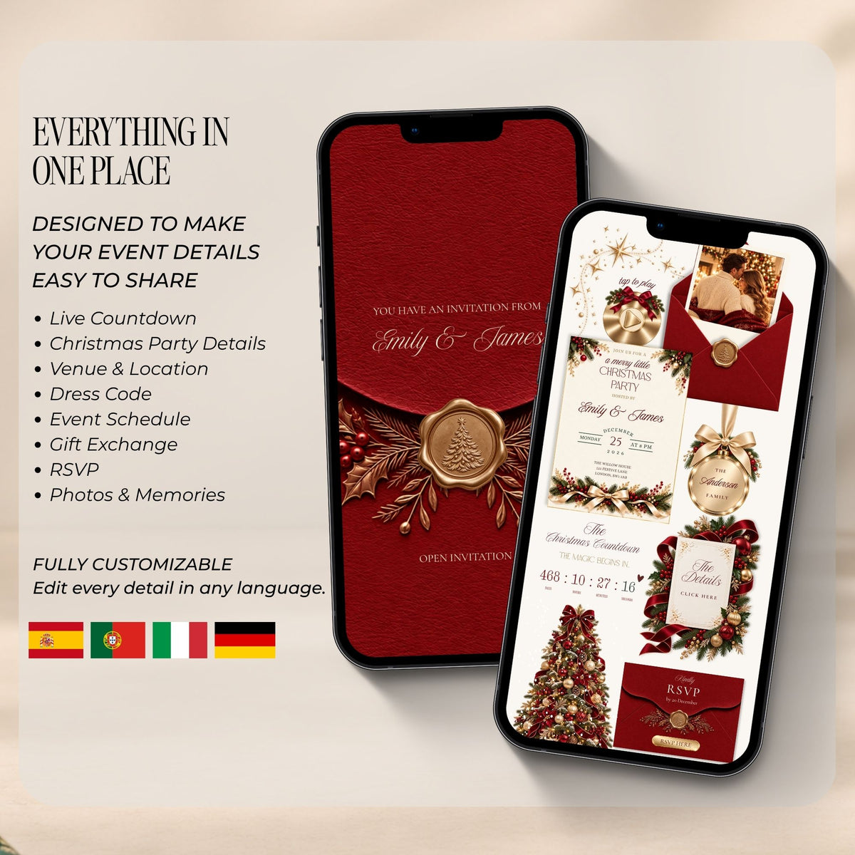 Burgundy Christmas party website template with live countdown, event details, venue information, RSVP form, photo sections, and festive interactive features.