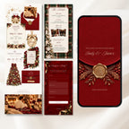Overview of the editable Christmas party website pages featuring a burgundy envelope opening, gold wax seal, tartan invitation, event information, and RSVP form.