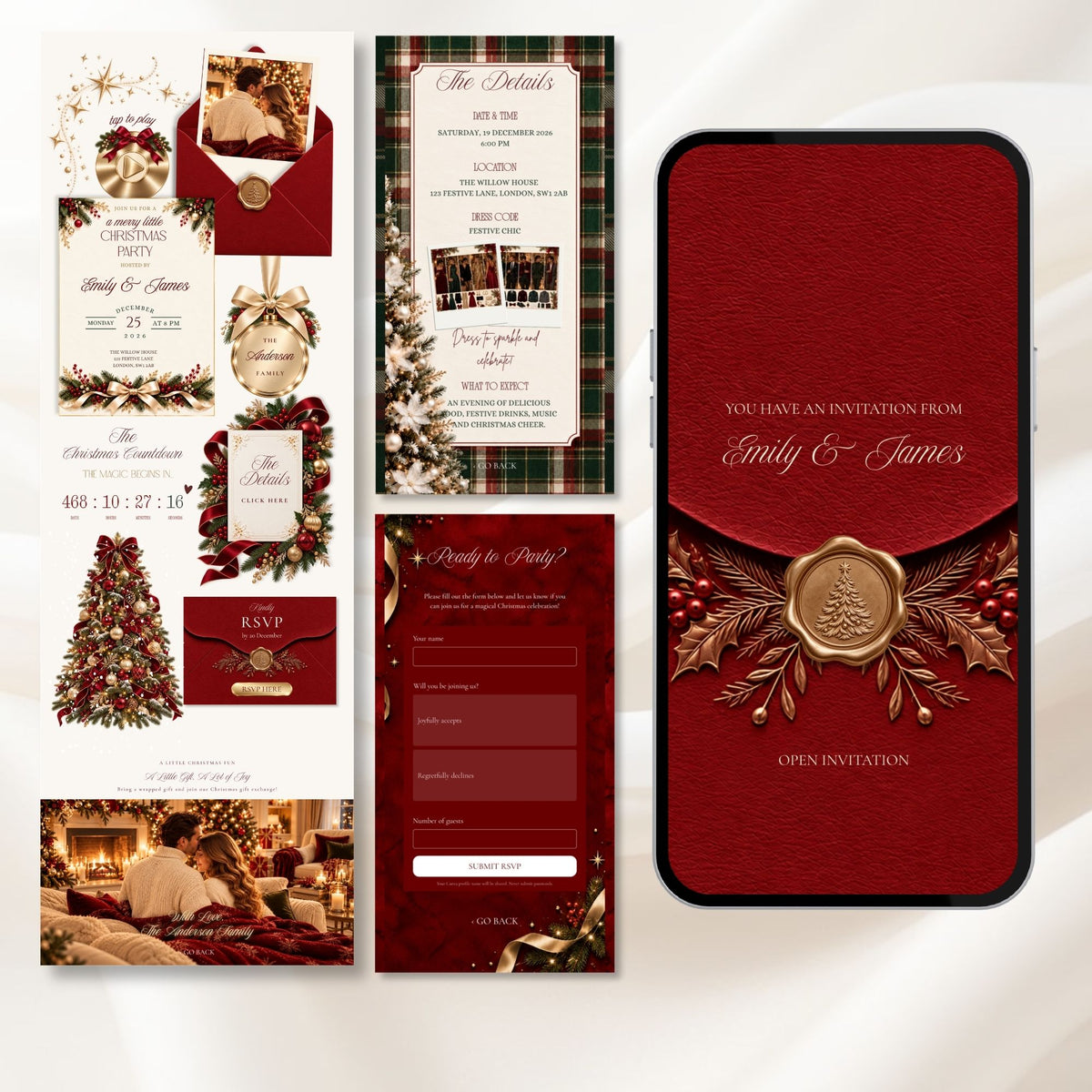 Overview of the editable Christmas party website pages featuring a burgundy envelope opening, gold wax seal, tartan invitation, event information, and RSVP form.