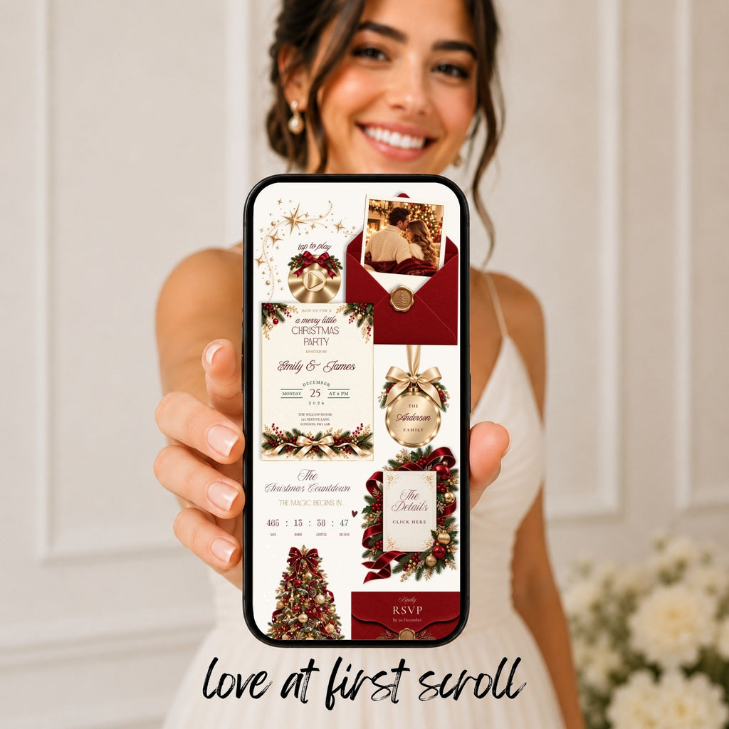Mobile-friendly burgundy Christmas party website shown on a smartphone with festive greenery, Christmas decorations, and an elegant holiday invitation layout.