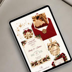 Elegant burgundy Christmas party website invitation displayed on a tablet with festive greenery, gold ornaments, holiday photographs, and Christmas event details.