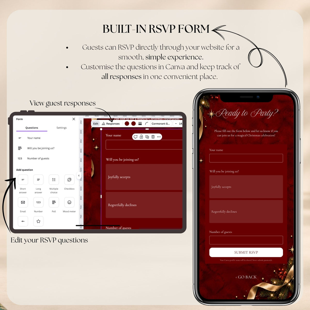 Christmas party RSVP website with an integrated Google Forms guest response form and spreadsheet for managing attendance and collecting guest information.