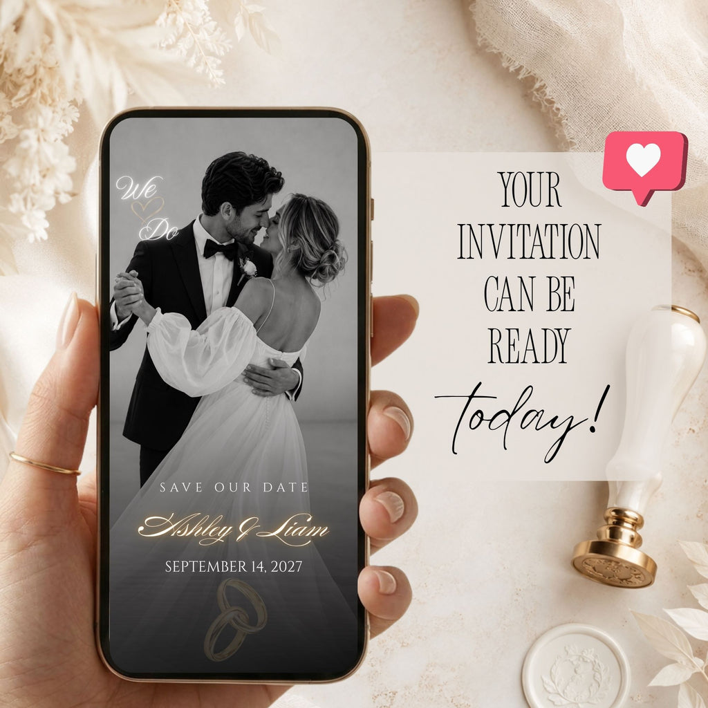 Romantic Save the Date wedding announcement displayed on a phone with black-and-white couple photography and elegant gold lettering.