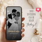 Romantic Save the Date wedding announcement displayed on a phone with black-and-white couple photography and elegant gold lettering.