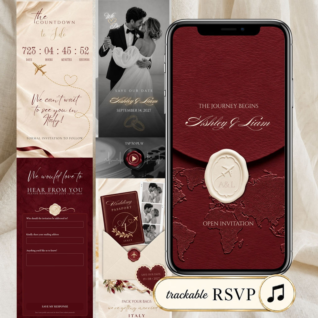 Burgundy destination Save the Date website template featuring an elegant wax seal invitation, romantic couple photography, RSVP and music.
