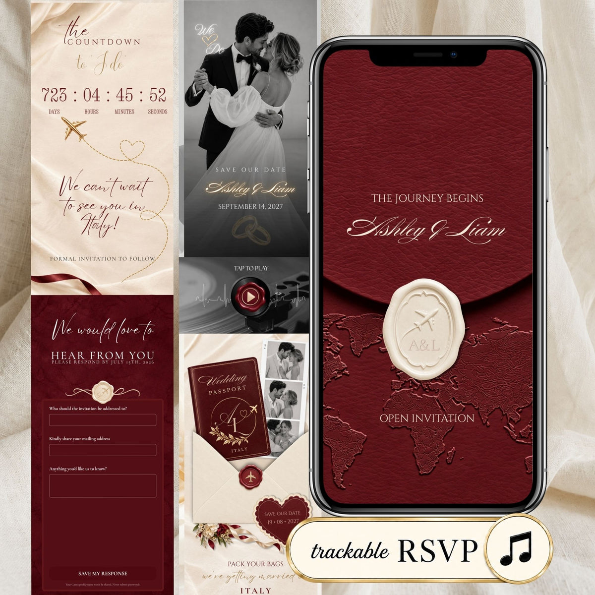 Burgundy destination Save the Date website template featuring an elegant wax seal invitation, romantic couple photography, RSVP and music.