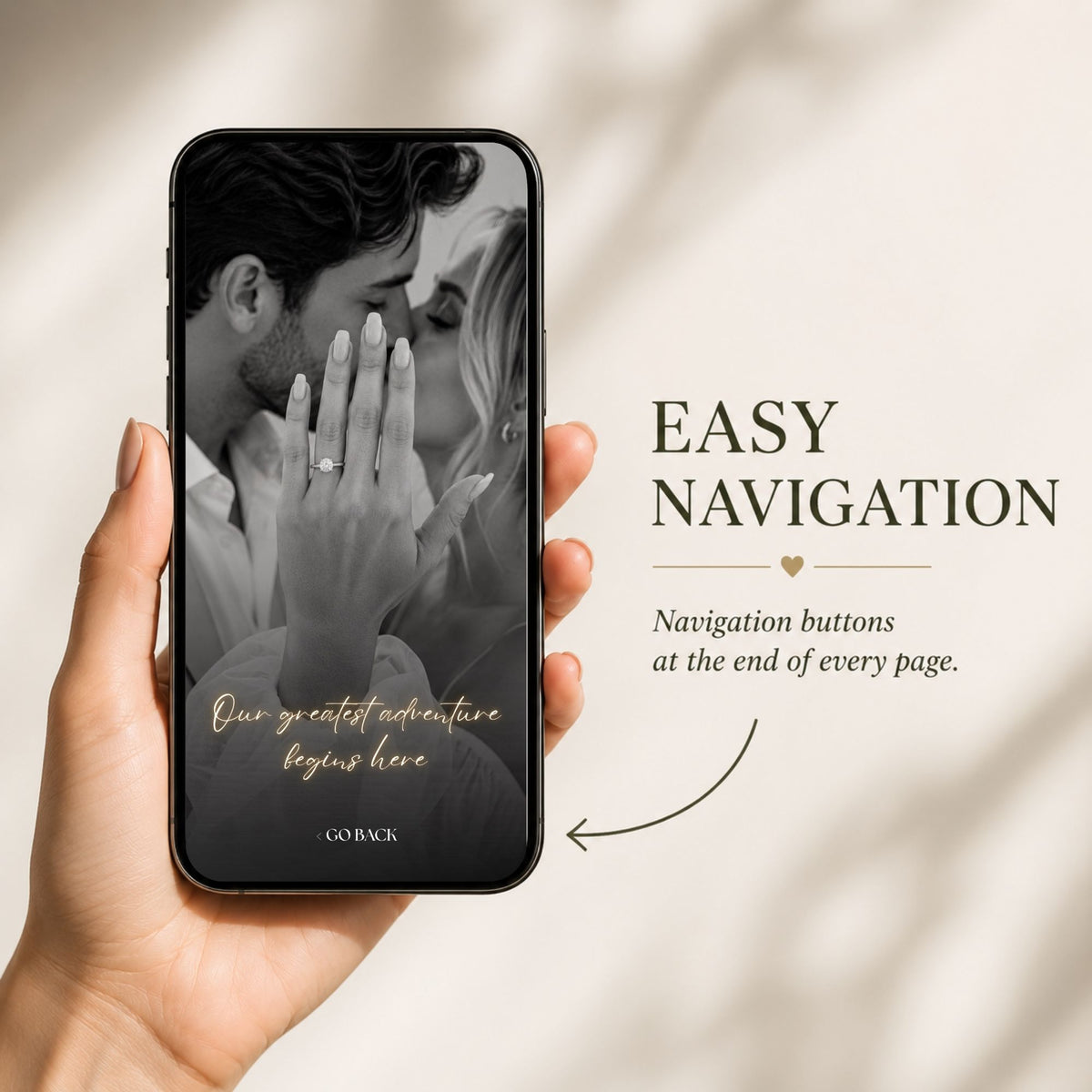 Mobile-friendly Save the Date website with easy navigation buttons and romantic black-and-white couple photography.
