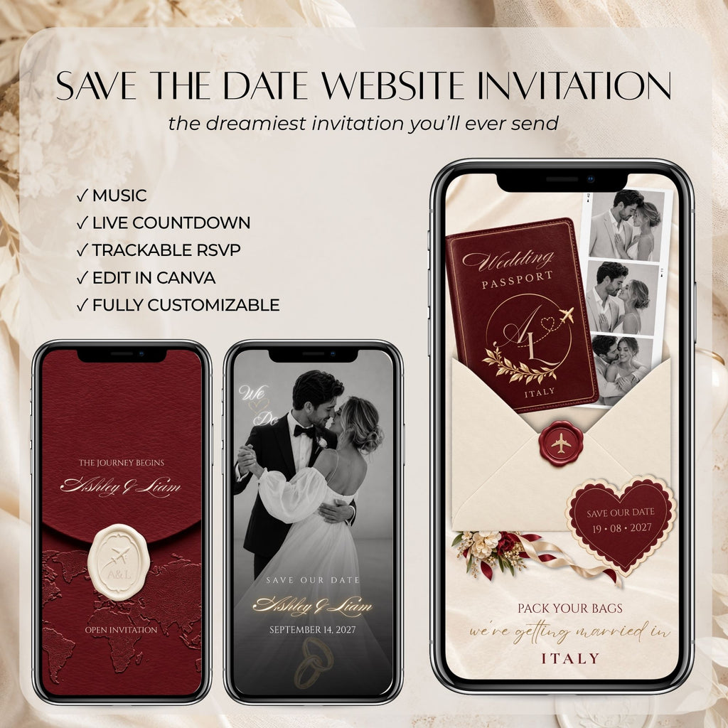 Burgundy Save the Date website invitation featuring live countdown, background music, online RSVP and customisable wedding announcement.