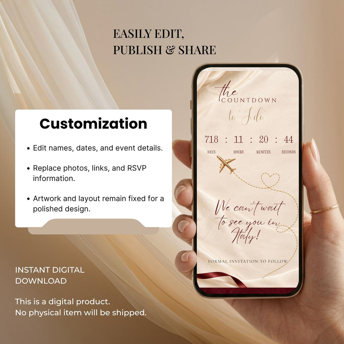 Editable Canva Save the Date website template with customisable names, wedding date, photos, fonts, colours and RSVP details.