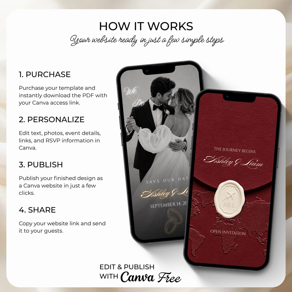 Step-by-step instructions for purchasing, personalising, publishing and sharing a burgundy destination Save the Date website.