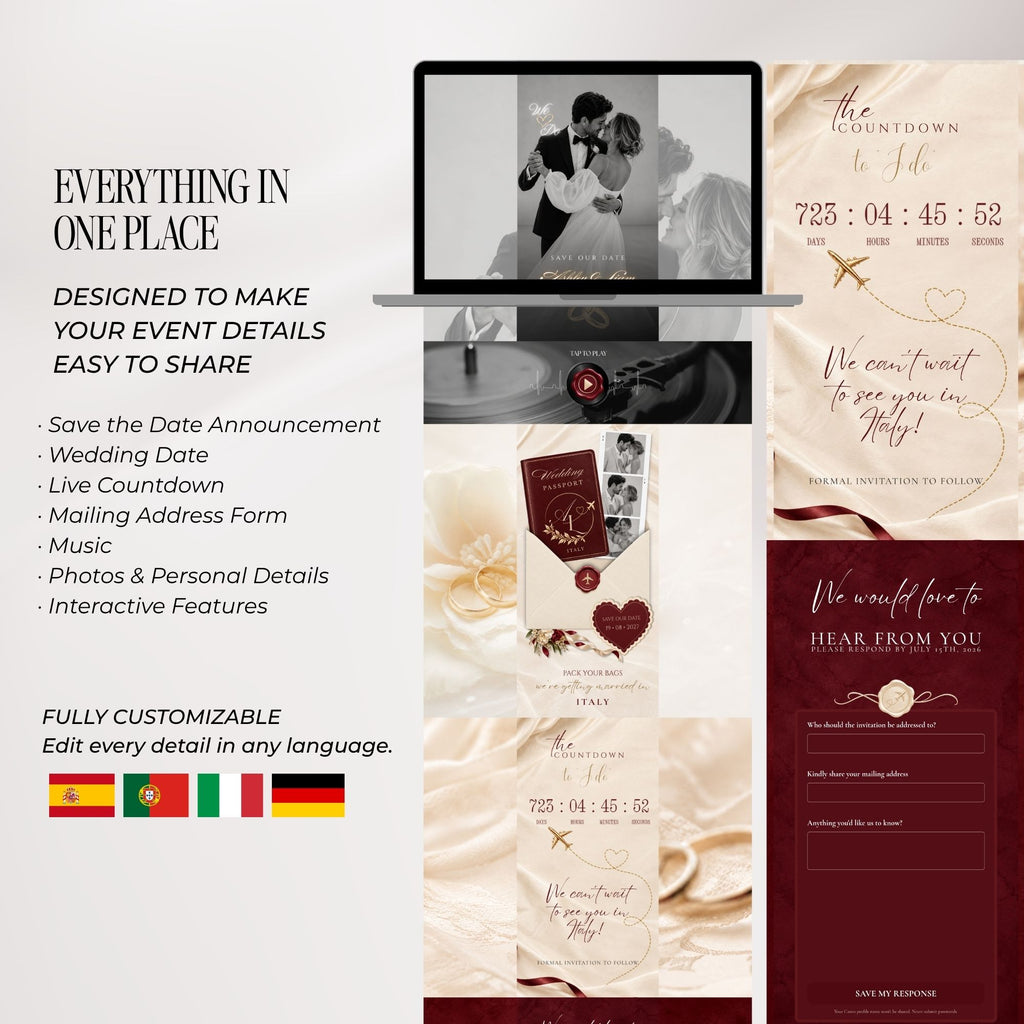 Overview of the burgundy Save the Date website design featuring invitation pages, countdown, music, RSVP and customisable wedding details.