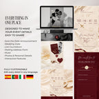 Overview of the burgundy Save the Date website design featuring invitation pages, countdown, music, RSVP and customisable wedding details.