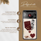Burgundy Save the Date Canva website featuring custom music player, live wedding countdown and step-by-step setup guides.