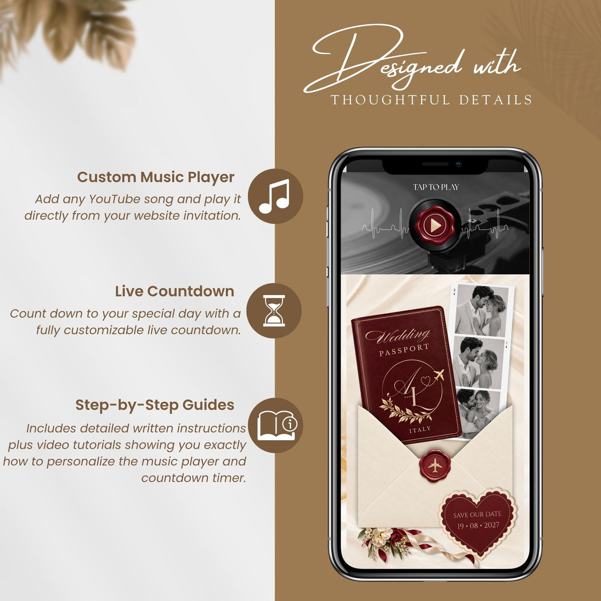 Burgundy Save the Date Canva website featuring custom music player, live wedding countdown and step-by-step setup guides.