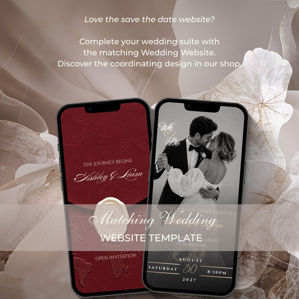 Matching burgundy destination wedding website template available separately to coordinate with the elegant Save the Date announcement.