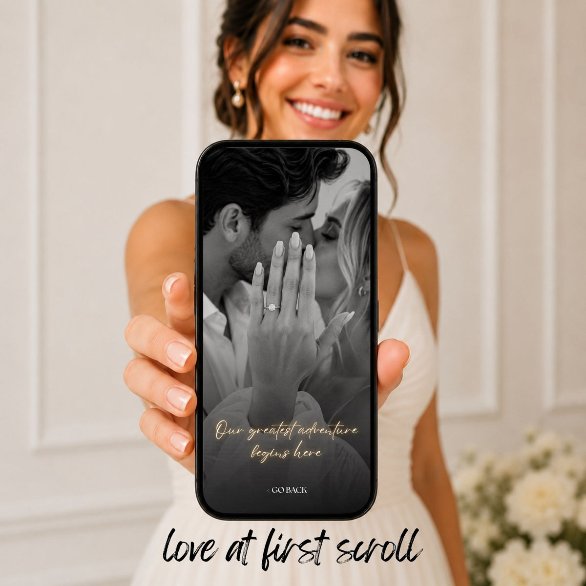Mobile-friendly destination Save the Date website featuring romantic couple photography and an elegant digital wedding announcement.