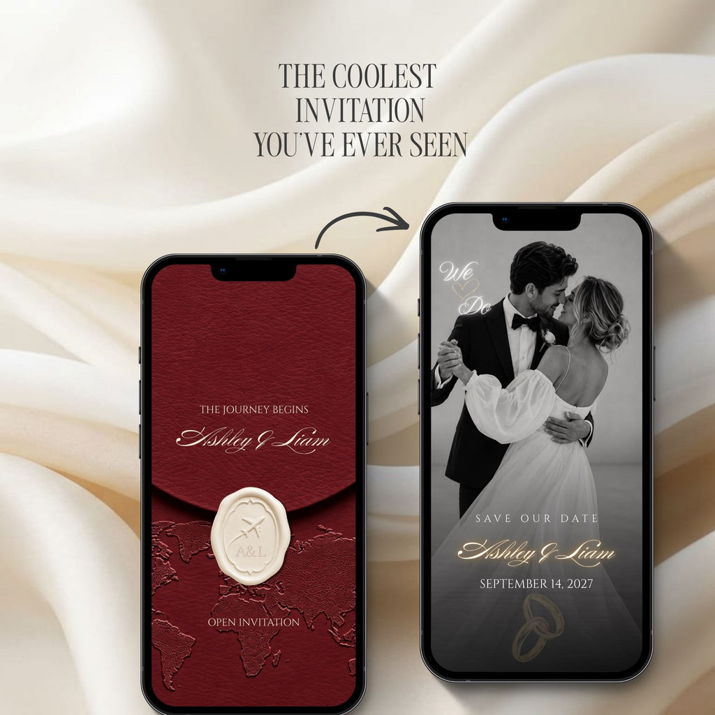 Interactive burgundy Save the Date website opening featuring a romantic wax seal envelope and elegant wedding photography.