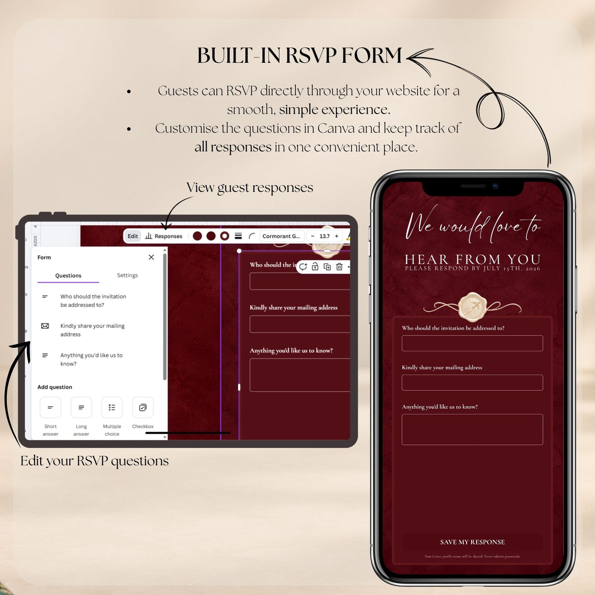 Burgundy Save the Date RSVP website with integrated Google Forms for collecting guest responses and managing wedding attendance.