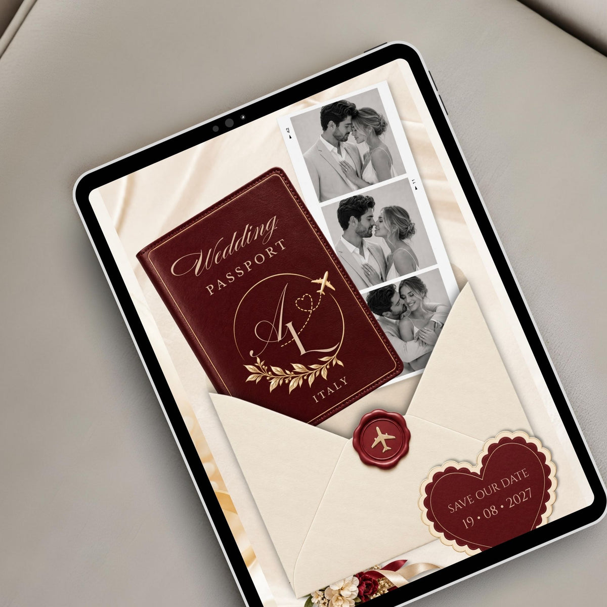 Elegant burgundy destination Save the Date website displayed on a tablet with a wax seal envelope and romantic couple photo strip.