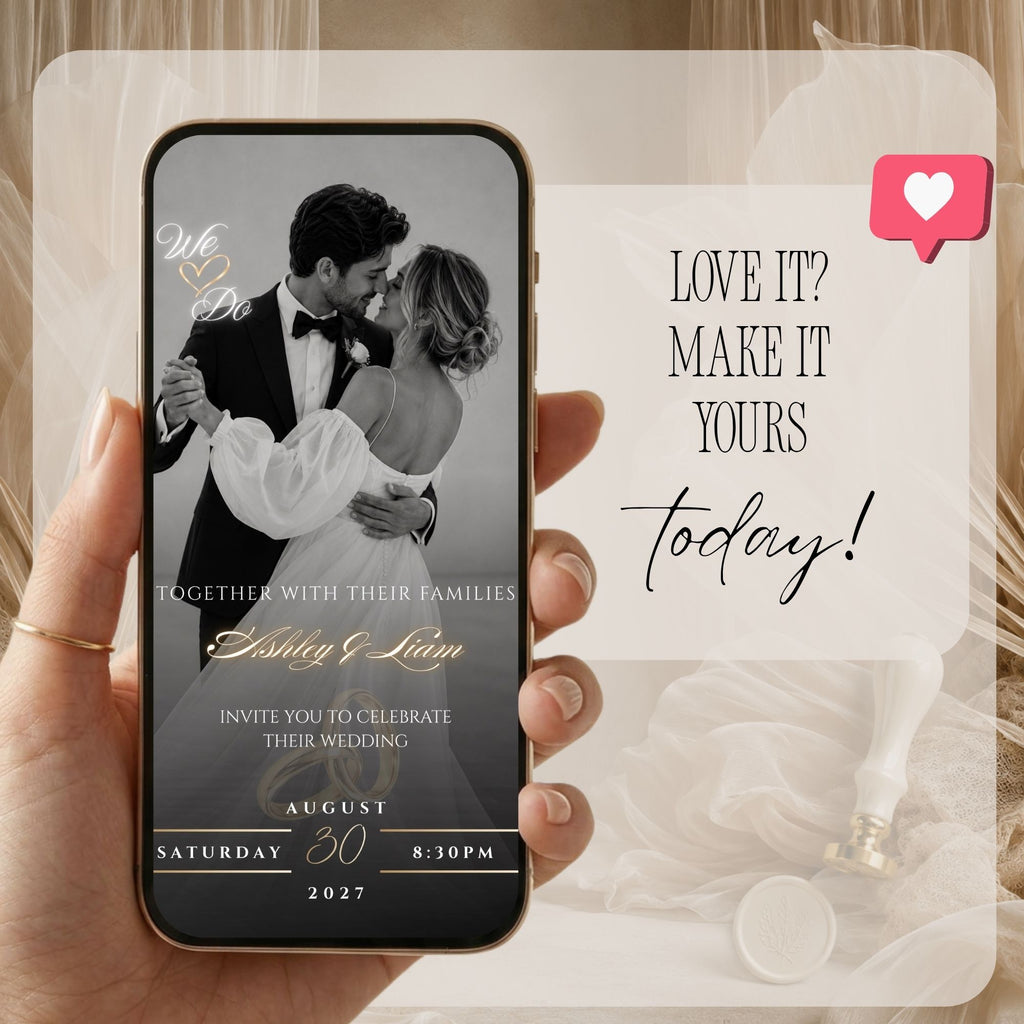 Romantic destination wedding website with live wedding countdown, black-and-white couple photography and elegant gold typography.