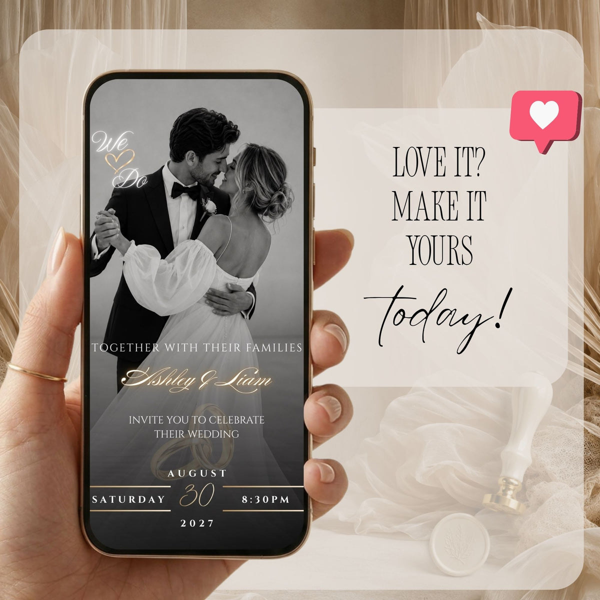 Romantic destination wedding website with live wedding countdown, black-and-white couple photography and elegant gold typography.