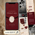 Burgundy destination wedding website template featuring elegant wax seal invitation, romantic wedding details, online RSVP and music.