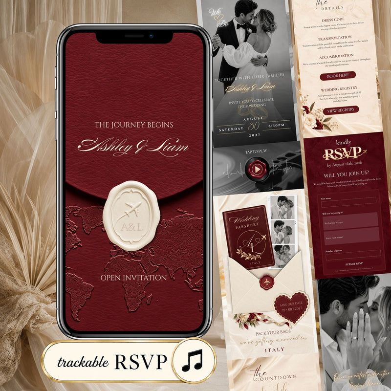 Burgundy destination wedding website template featuring elegant wax seal invitation, romantic wedding details, online RSVP and music.