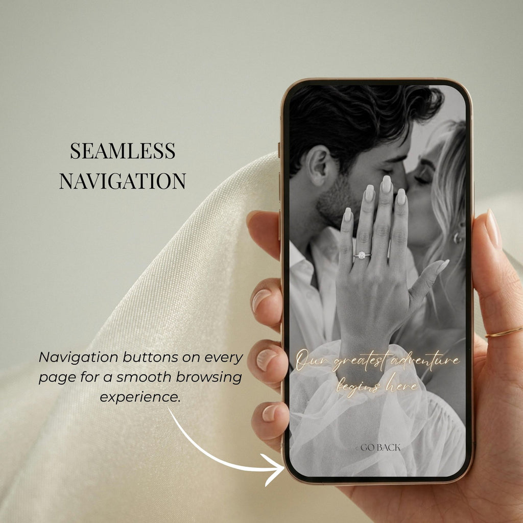 Mobile-friendly destination wedding website with seamless navigation buttons and elegant black-and-white couple photography.