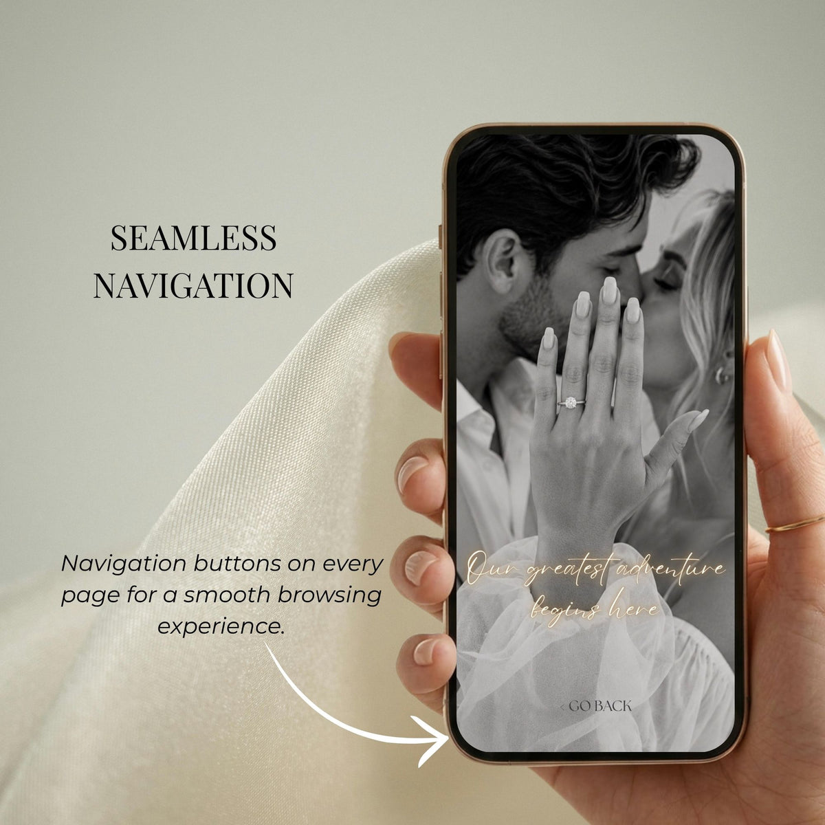 Mobile-friendly destination wedding website with seamless navigation buttons and elegant black-and-white couple photography.