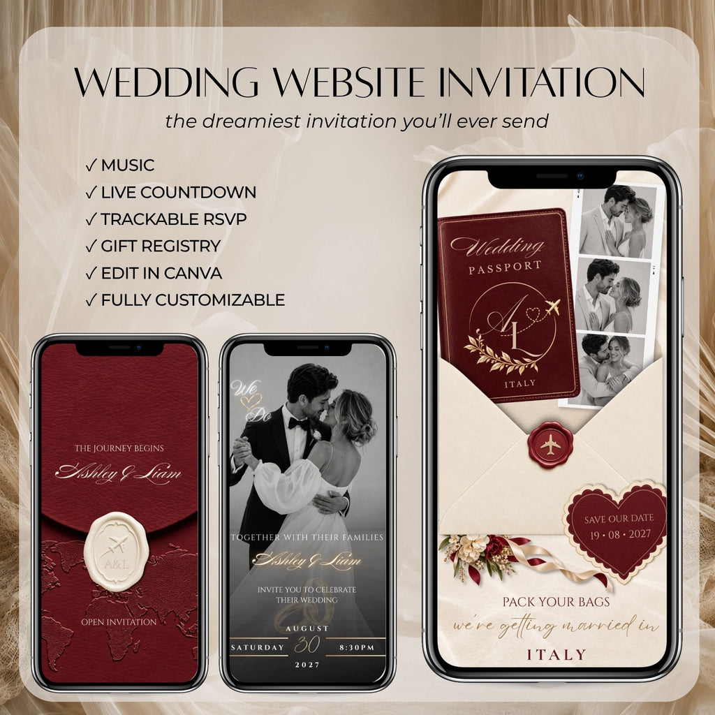 Elegant burgundy wedding website invitation featuring live countdown, music, RSVP form, wedding itinerary and destination details.