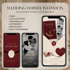 Elegant burgundy wedding website invitation featuring live countdown, music, RSVP form, wedding itinerary and destination details.