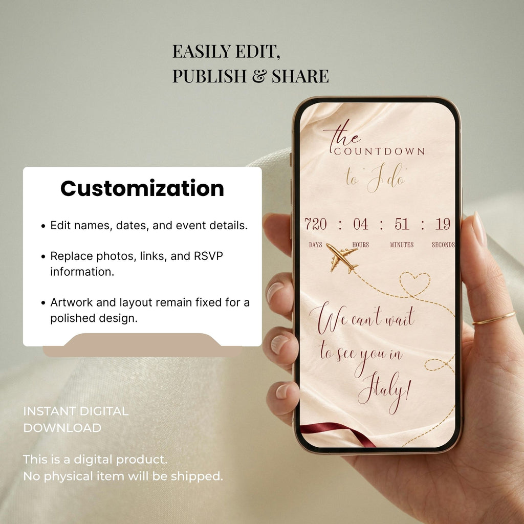 Editable Canva destination wedding website template with customisable names, photos, fonts, colours, RSVP details and wedding information.