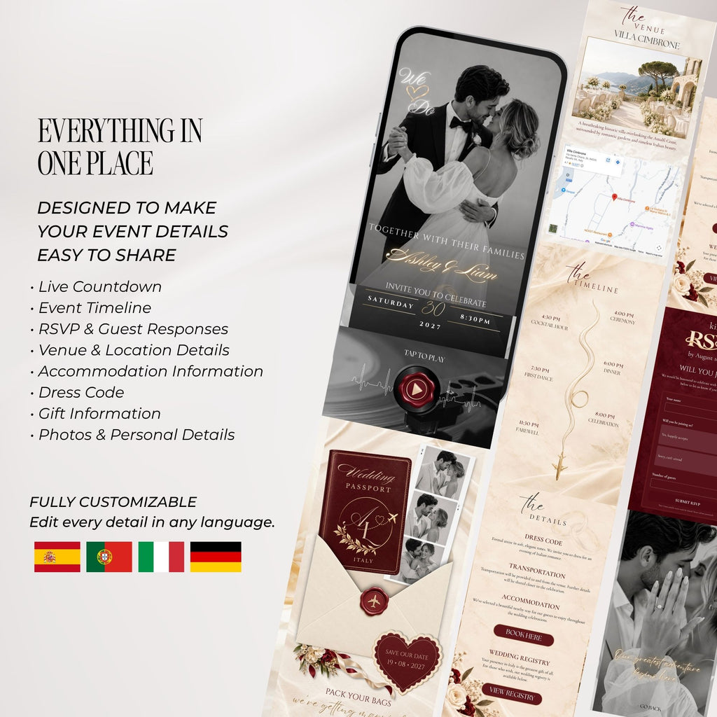 Overview of the burgundy destination wedding website pages including invitation, countdown, venue, itinerary, travel details and RSVP.