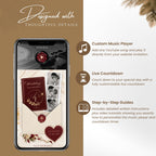 Burgundy Canva wedding website featuring custom music player, live countdown timer and step-by-step setup instructions.