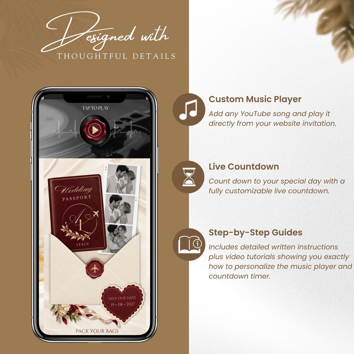 Burgundy Canva wedding website featuring custom music player, live countdown timer and step-by-step setup instructions.