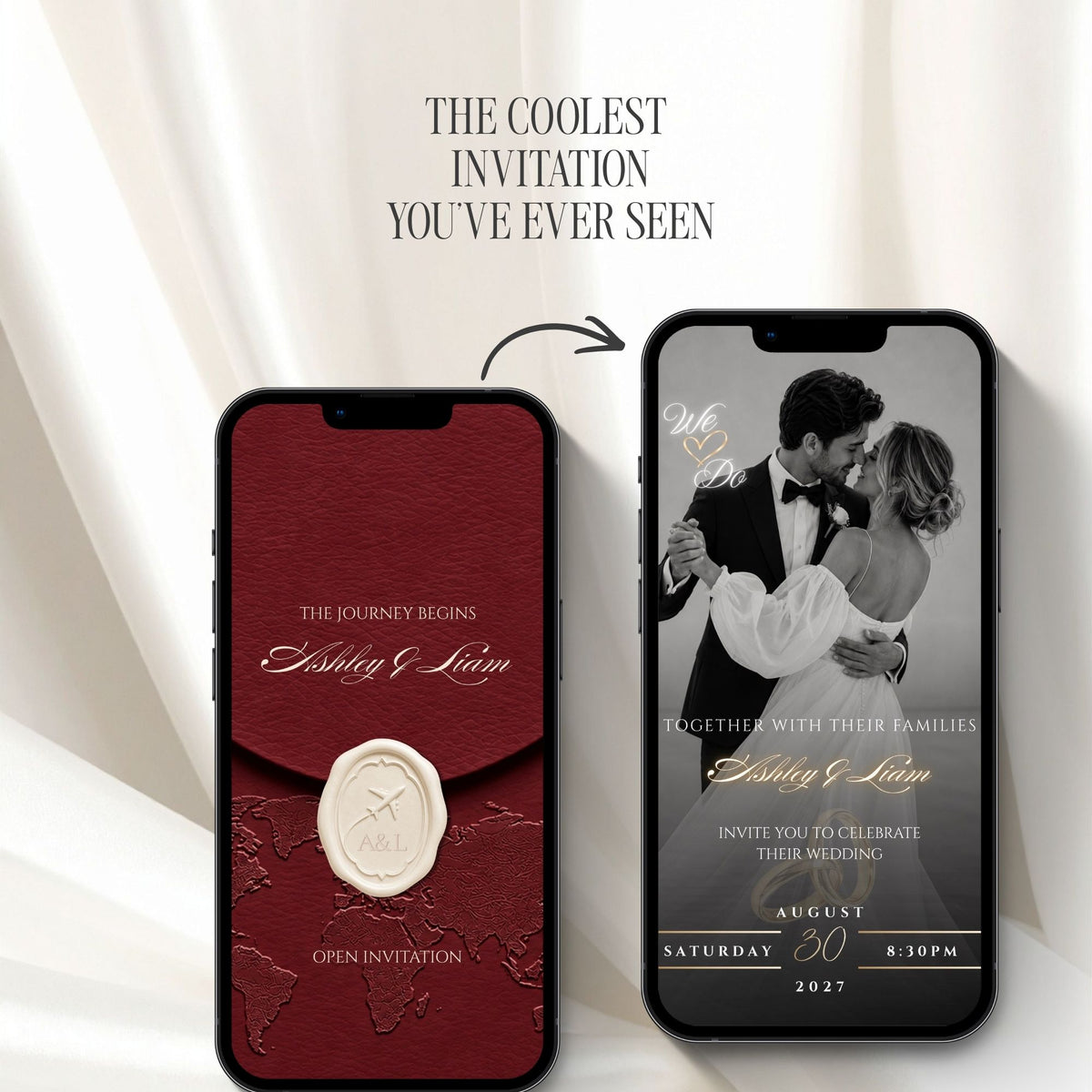 Interactive burgundy wedding website opening featuring elegant wax seal details, romantic couple photography and luxury invitation design.