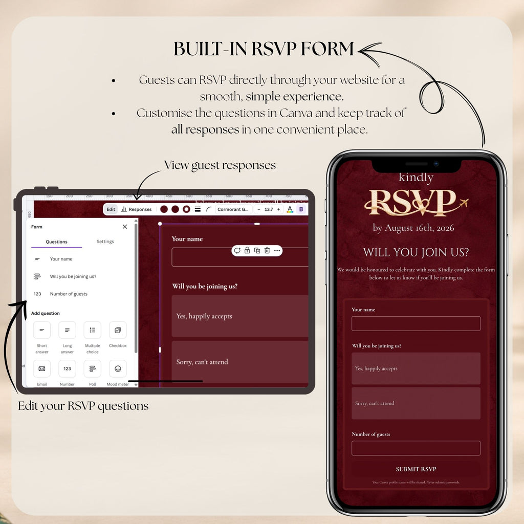 Burgundy wedding RSVP website with integrated Google Forms for collecting guest responses and managing destination wedding attendance.