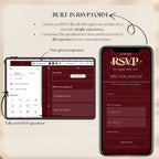 Burgundy wedding RSVP website with integrated Google Forms for collecting guest responses and managing destination wedding attendance.