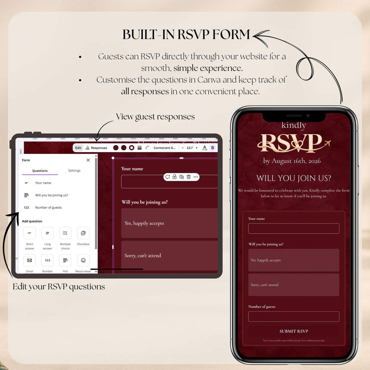 Burgundy wedding RSVP website with integrated Google Forms for collecting guest responses and managing destination wedding attendance.