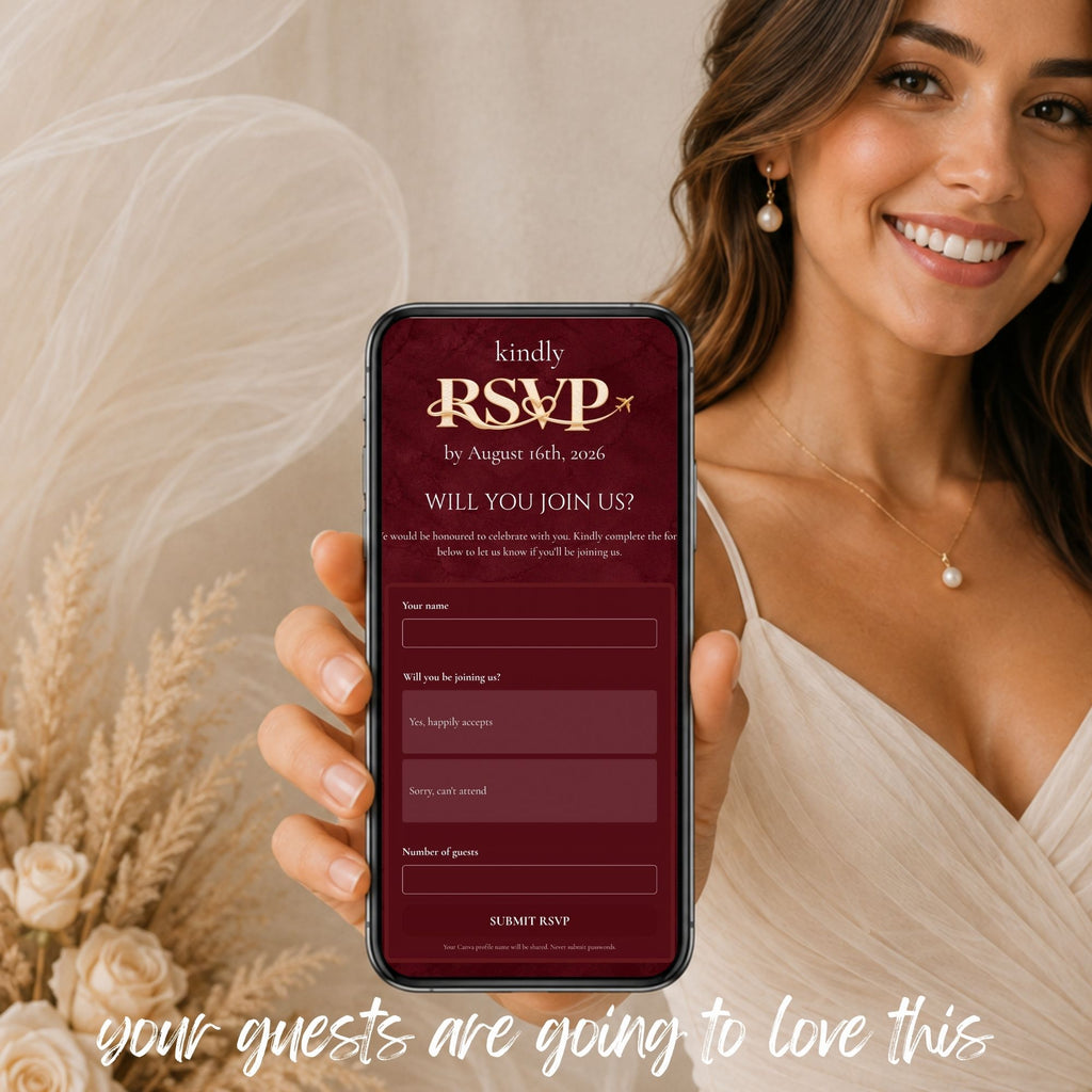 Burgundy destination wedding RSVP website with an interactive guest response form displayed on a mobile phone.