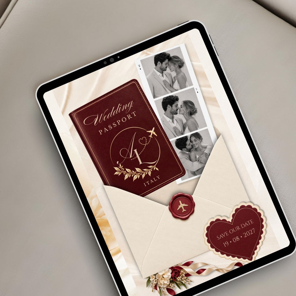 Luxury burgundy destination wedding website displayed on a tablet with wedding invitation, couple photo strip and romantic details.